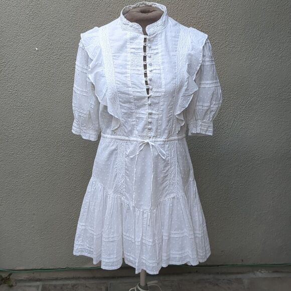 Bardot Ruffled Dress MED Babydoll Tiered Lace Pin Tucks Bridgerton Fairy - Picture 1 of 16